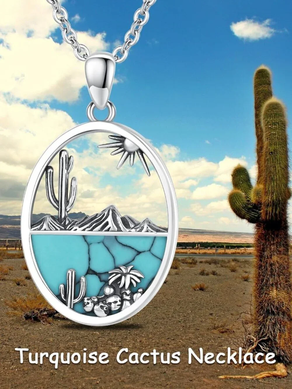 Women's Cactus B Sterling Turquoise Pendant Highland Cow Skull Western Necklace